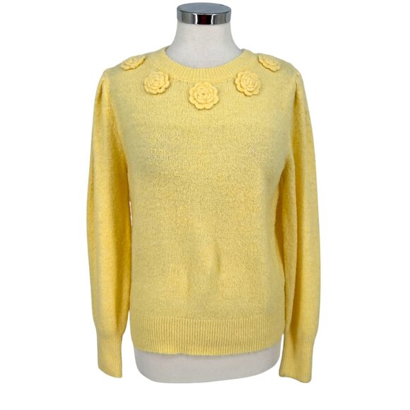 Joie Floral Embellished Puff Sleeve Crewneck Sweater Yellow Size Small - Picture 1 of 9